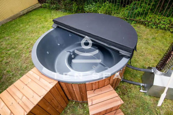 Badefass mit Holzofen Ausenofen Massage kaufen buy greu OUTDOOR HOT TUB WITH EXTERNAL WOOD FIRED HEATER for 6 8 persons BAIN NORDIQUE EXTERIEUR A Hydro and BULLE